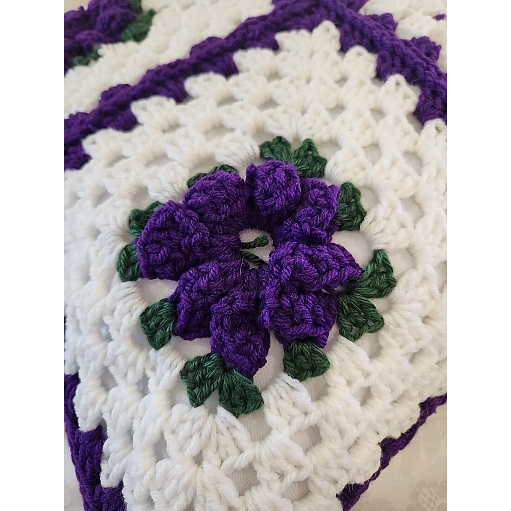 NEW, Hand Crochet Granny Square Throw Pillow Purple White 20